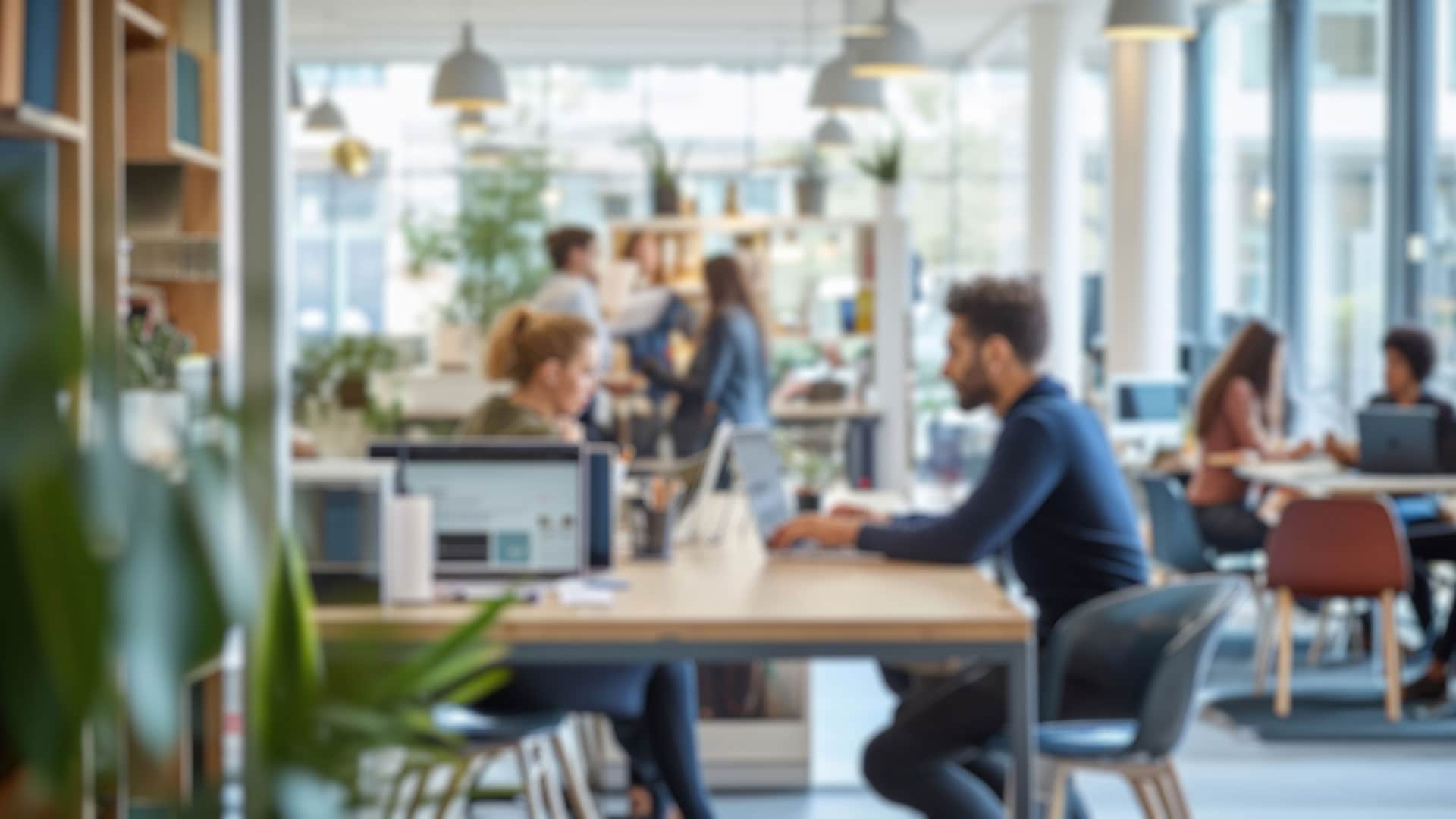 Blurred photo capturing the dynamic atmosphere of a modern open-plan office with people engaged in discussion and work.